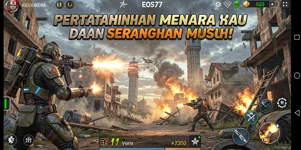 Tampilkan gameplay seru EOS77 saat mempertahankan menara dari serangan musuh.
