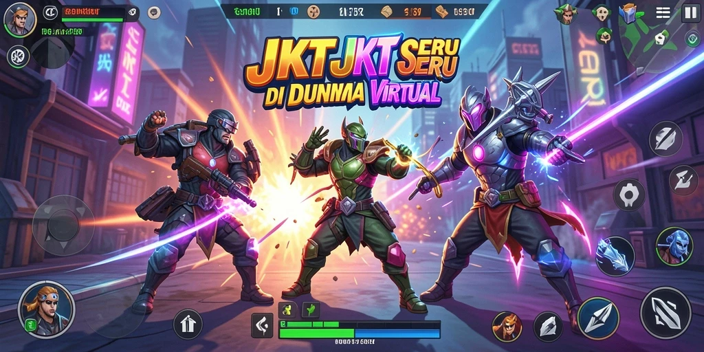 Screenshot utama JKTJKT menampilkan aksi pertarungan dengan efek visual yang menarik.