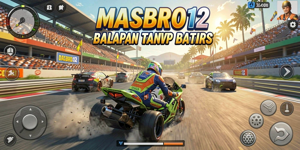 Tampilan gameplay seru dari MASBRO12 saat balapan di trek yang menantang.