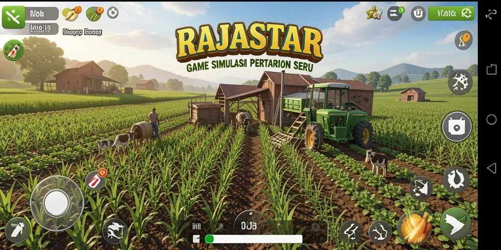 Screenshot gameplay RAJASTAR yang menampilkan lahan pertanian yang megah.